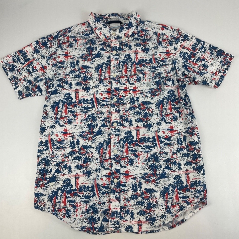 Columbia Mens Size M Rapid Rivers Printed Short Sleeve Shirt Lighthouse Sailboat